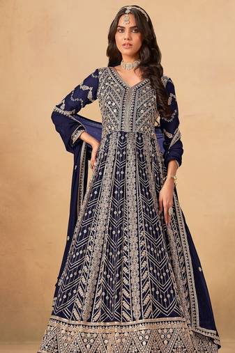 Navy blue faux georgette semi stitched anarkali suit with heavy embroidery work