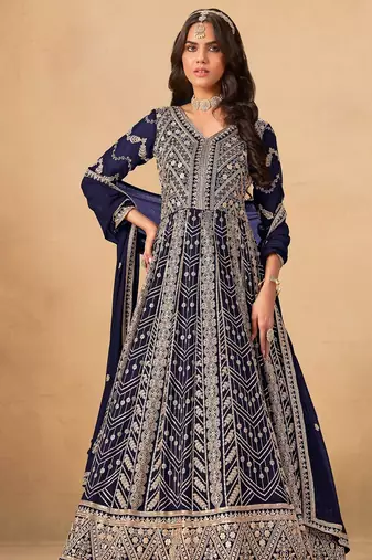 Navy blue faux georgette semi stitched anarkali suit with heavy embroidery work
