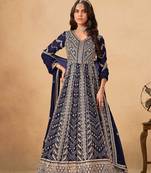 Navy blue faux georgette semi stitched anarkali suit with heavy embroidery work