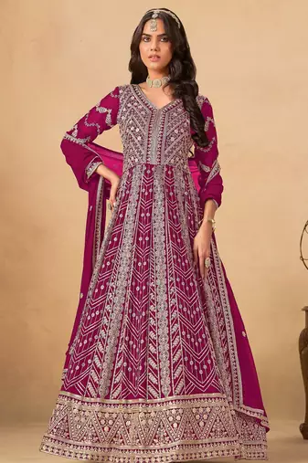 Rani pink faux georgette semi stitched anarkali suit with heavy embroidery work