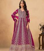 Rani pink faux georgette semi stitched anarkali suit with heavy embroidery work