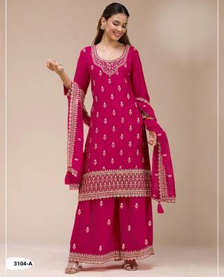 Red georgette semi stitched suit with heavy embroidery work 1
