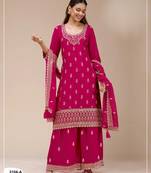 Red georgette semi stitched suit with heavy embroidery work