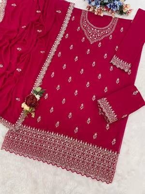 Red georgette semi stitched suit with heavy embroidery work 2