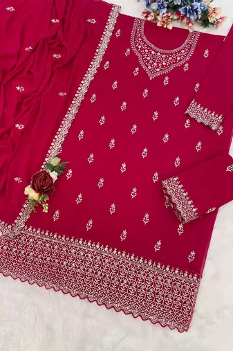 Red georgette semi stitched suit with heavy embroidery work