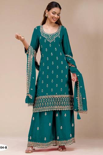 Teal green georgette semi stitched suit with heavy embroidery work