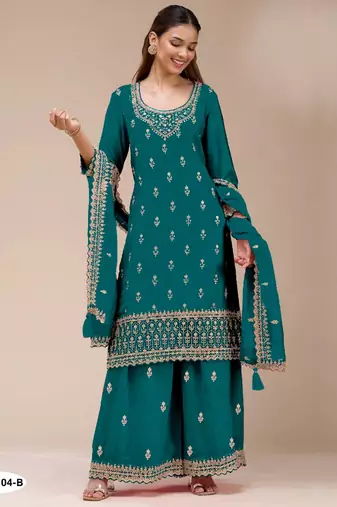 Teal green georgette semi stitched suit with heavy embroidery work