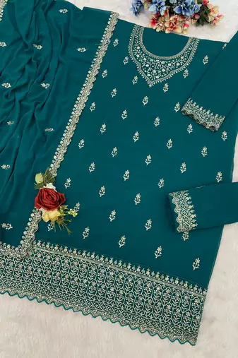 Teal green georgette suit with heavy embroidery 