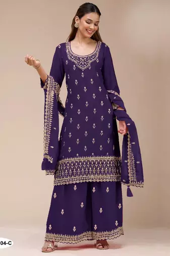 Purple georgette semi stitched suit with heavy embroidery work