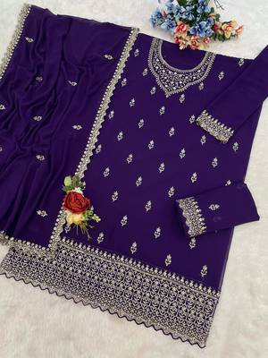 Purple georgette semi stitched suit with heavy embroidery work 2