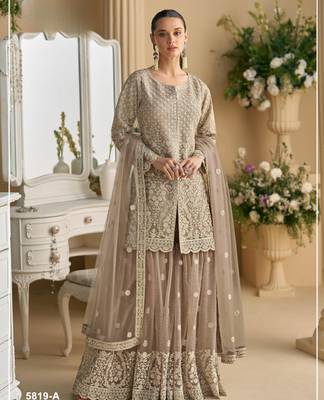 Cream heavy net readymade suit with embroidered sequin  1