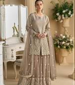 Cream heavy net readymade suit with embroidery & sequence work