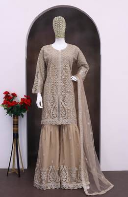 Cream heavy net readymade suit with embroidered sequin  2