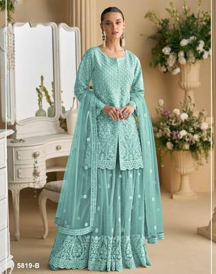 Sky blue heavy net readymade suit with embroidered sequin  1