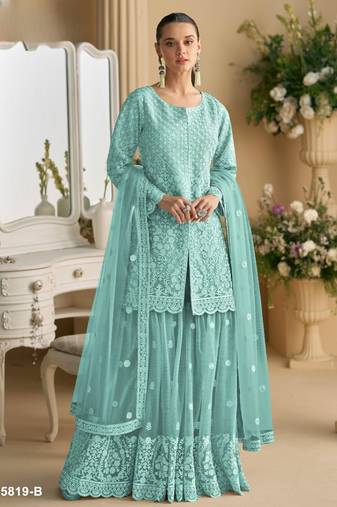 Sky blue heavy net readymade suit with embroidery & sequence work