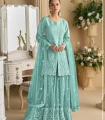 Sky blue heavy net readymade suit with embroidery & sequence work