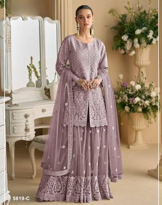 Purple heavy net readymade suit with embroidered sequin  1