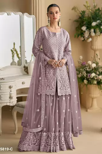 Purple heavy net readymade suit with embroidery & sequence work