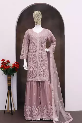 Purple heavy net readymade suit with embroidered sequin 