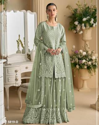 Green heavy net readymade suit with embroidered sequin  1
