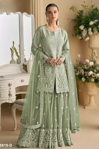 Green heavy net readymade suit with embroidery & sequence work