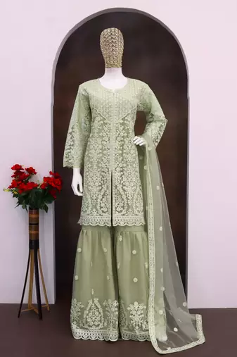 Green heavy net readymade suit with embroidered sequin 