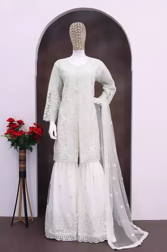 White heavy net readymade suit with embroidered sequin 