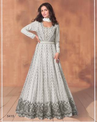 White georgette readymade anarkali suit with sequin  1