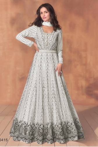 White georgette readymade anarkali suit with sequence work