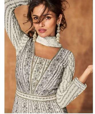 White georgette readymade anarkali suit with sequin  2