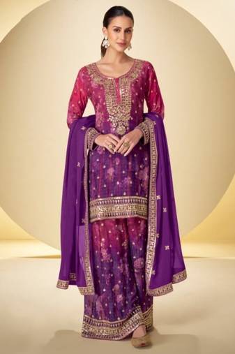 Purple chinon silk readymade suit with sequence work