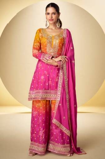 Pink chinon silk readymade suit with sequence work
