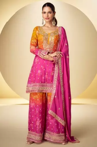 Pink chinon silk readymade suit with sequence work