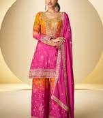Pink chinon silk readymade suit with sequence work