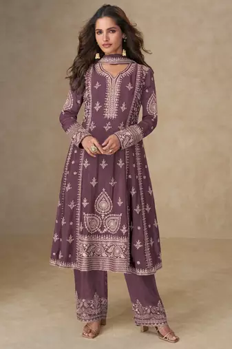 Purple chinon silk semi stitched suit with embroidery & sequence work
