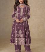 Purple chinon silk semi stitched suit with embroidery & sequence work