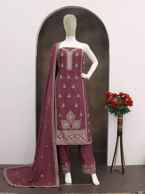 Purple chinon silk suit with embroidered sequin  2