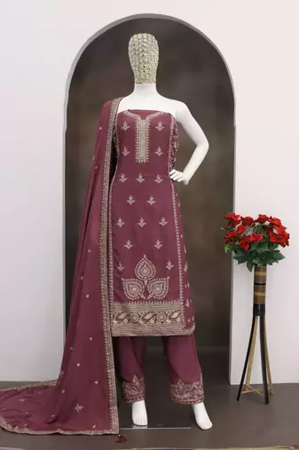 Purple chinon silk suit with embroidered sequin 