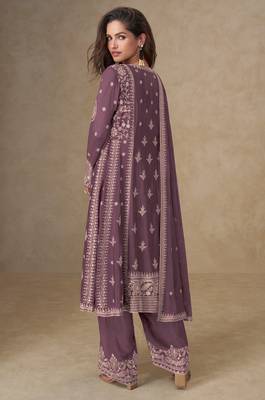 Purple chinon silk suit with embroidered sequin  3