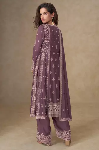 Purple chinon silk suit with embroidered sequin 