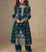 Teal green chinon silk semi stitched suit with embroidery & sequence work