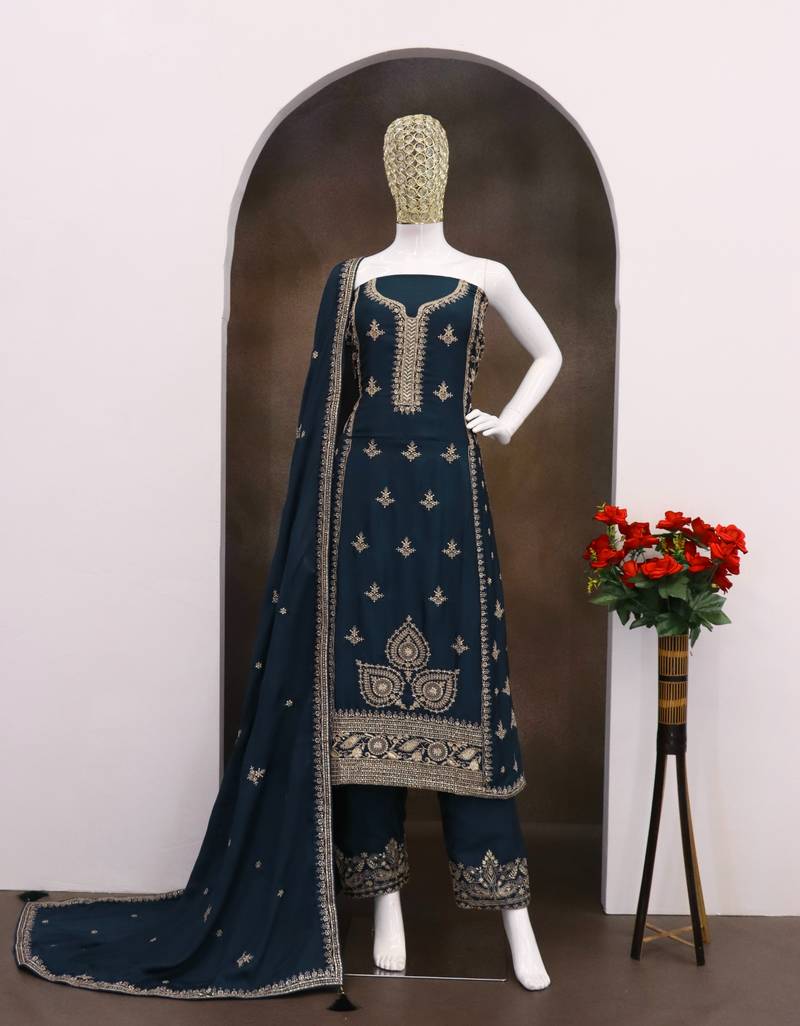 Teal green chinon silk semi stitched suit with embroidery & sequence work