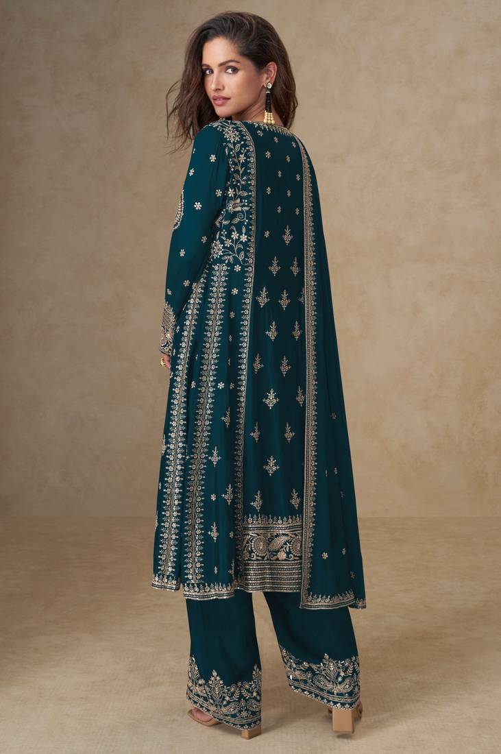 Teal green chinon silk semi stitched suit with embroidery & sequence work