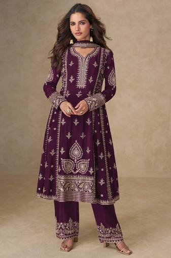 Dark purple chinon silk semi stitched suit with embroidery & sequence work