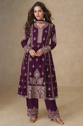 Dark purple chinon silk semi stitched suit with embroidery & sequence work