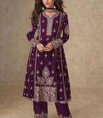 Dark purple chinon silk semi stitched suit with embroidery & sequence work
