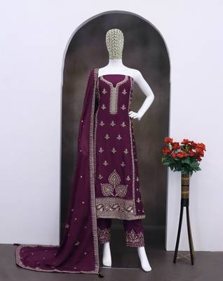 Dark purple chinon silk suit with embroidered sequin  2