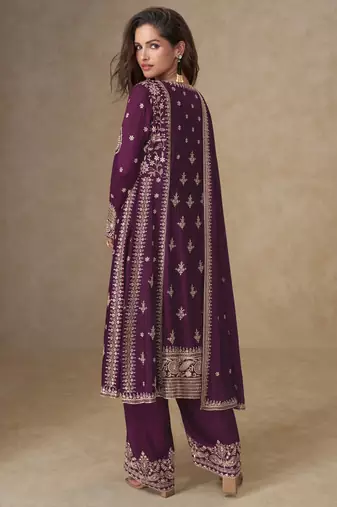 Dark purple chinon silk suit with embroidered sequin 