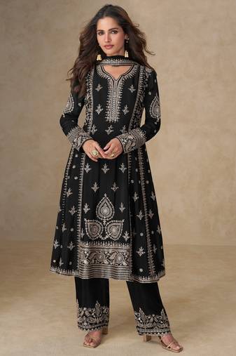 Black chinon silk semi stitched suit with embroidery & sequence work