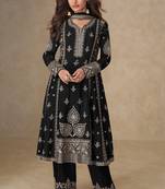 Black chinon silk semi stitched suit with embroidery & sequence work
